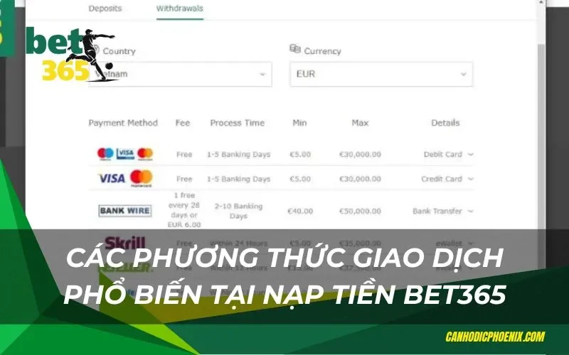 Đa dạng phương thức nạp tiền Bet365